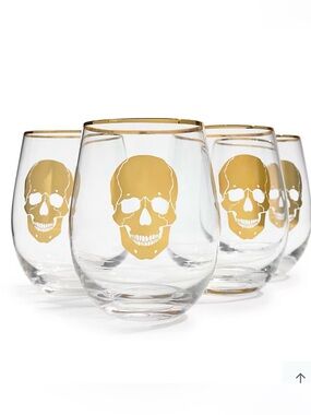 Grandin Road Gold Skull Halloween Stemless Wine Glasses, Set Of Four